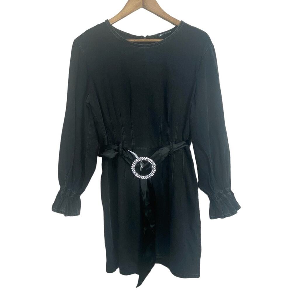 ZARA Black Denim Long Sleeve Dress with Rhinestone Belt
